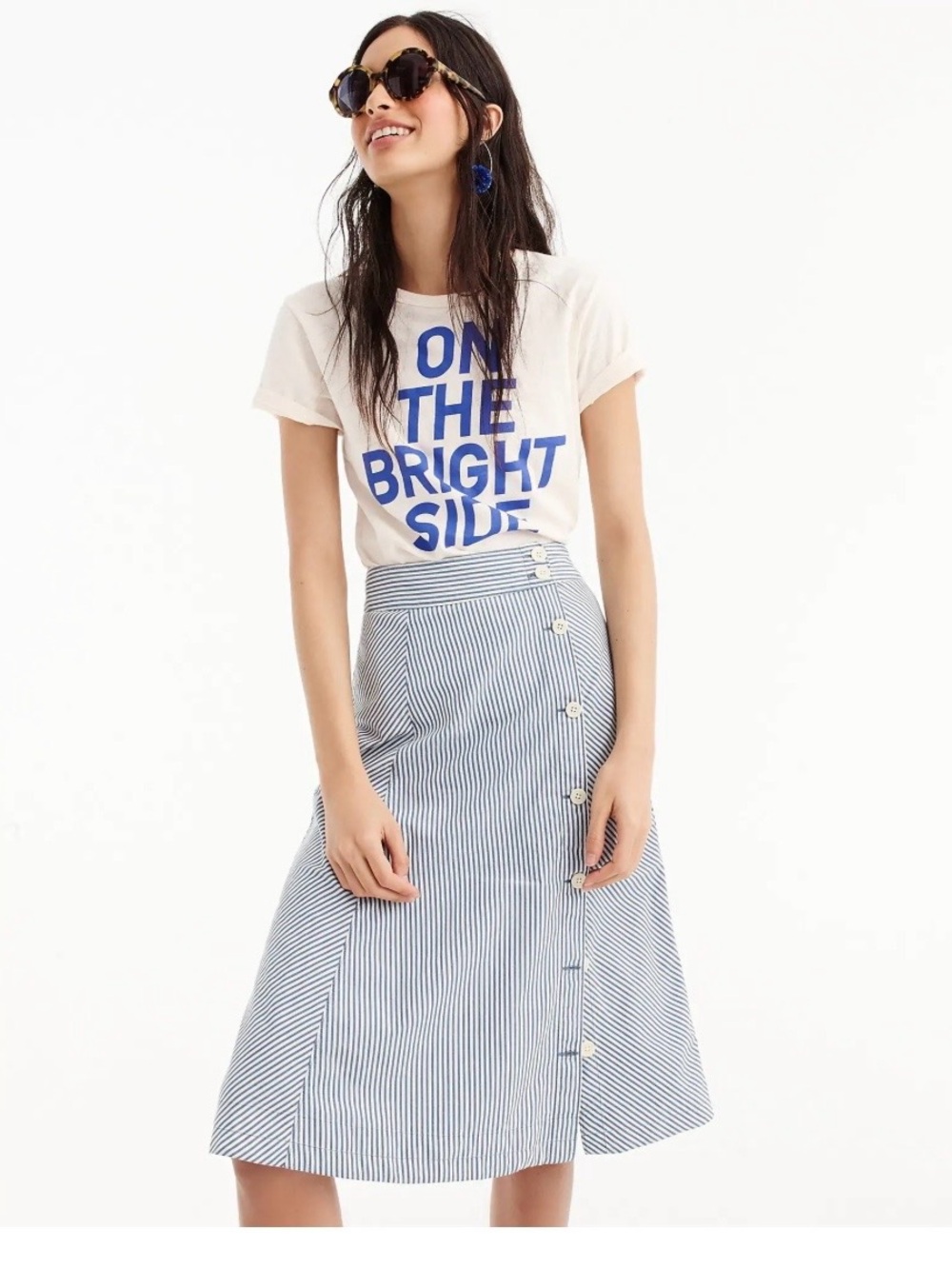J.Crew Blue White Striped Side Button Front A-Line Preppy Nautical Midi Skirt 12